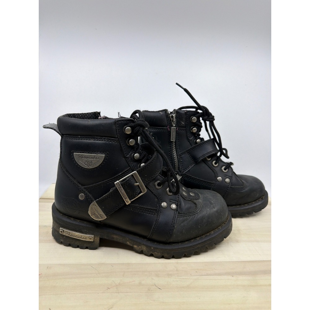 Milwaukee Motorcycle Boots Women 7.5C Black Leather MB233 Dirty Biker Buckle Zip